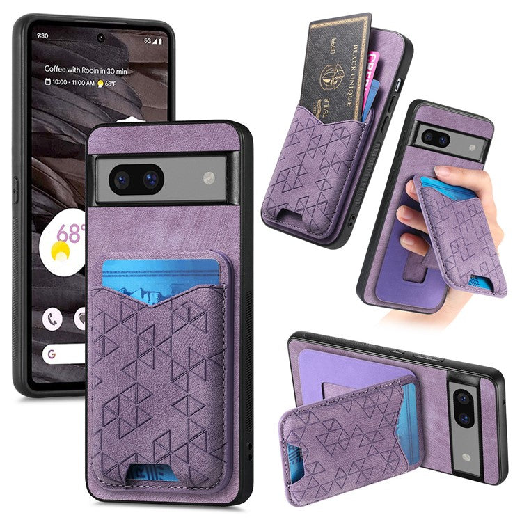 For Google Pixel 7a Case Imprinted Pattern Card Holder Kickstand Leather Back Cover - Purple