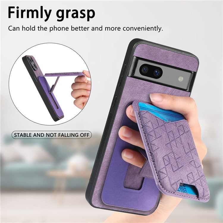 For Google Pixel 7a Case Imprinted Pattern Card Holder Kickstand Leather Back Cover - Purple