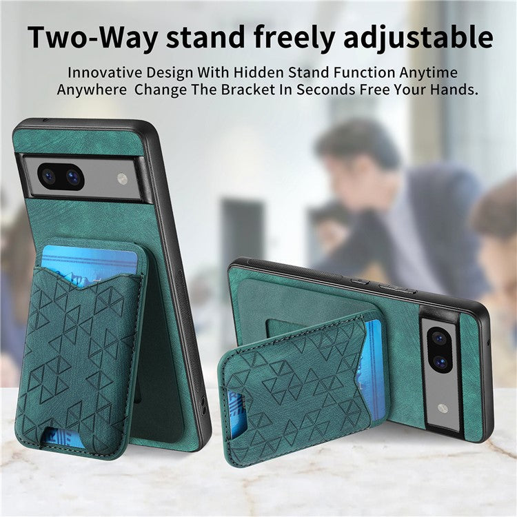 For Google Pixel 7a Case Imprinted Pattern Card Holder Kickstand Leather Back Cover - Green