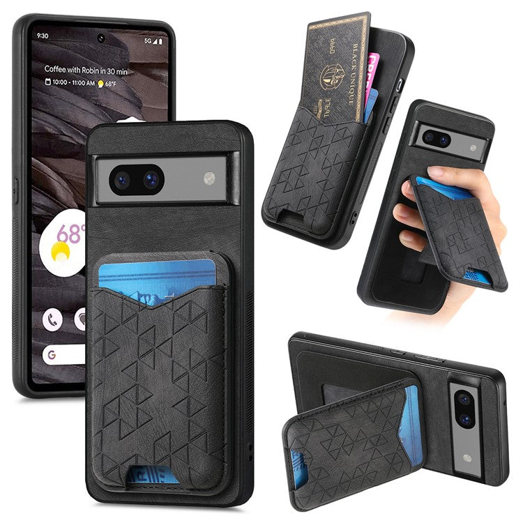 For Google Pixel 7a Case Imprinted Pattern Card Holder Kickstand Leather Back Cover - Black