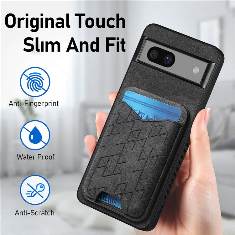 For Google Pixel 7a Case Imprinted Pattern Card Holder Kickstand Leather Back Cover - Black