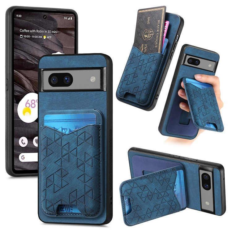 For Google Pixel 7a Case Imprinted Pattern Card Holder Kickstand Leather Back Cover - Blue