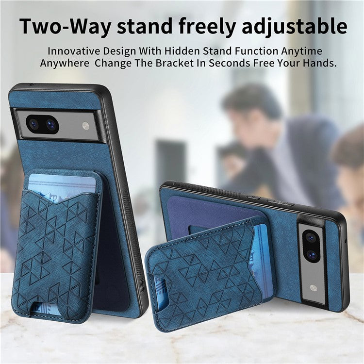 For Google Pixel 7a Case Imprinted Pattern Card Holder Kickstand Leather Back Cover - Blue