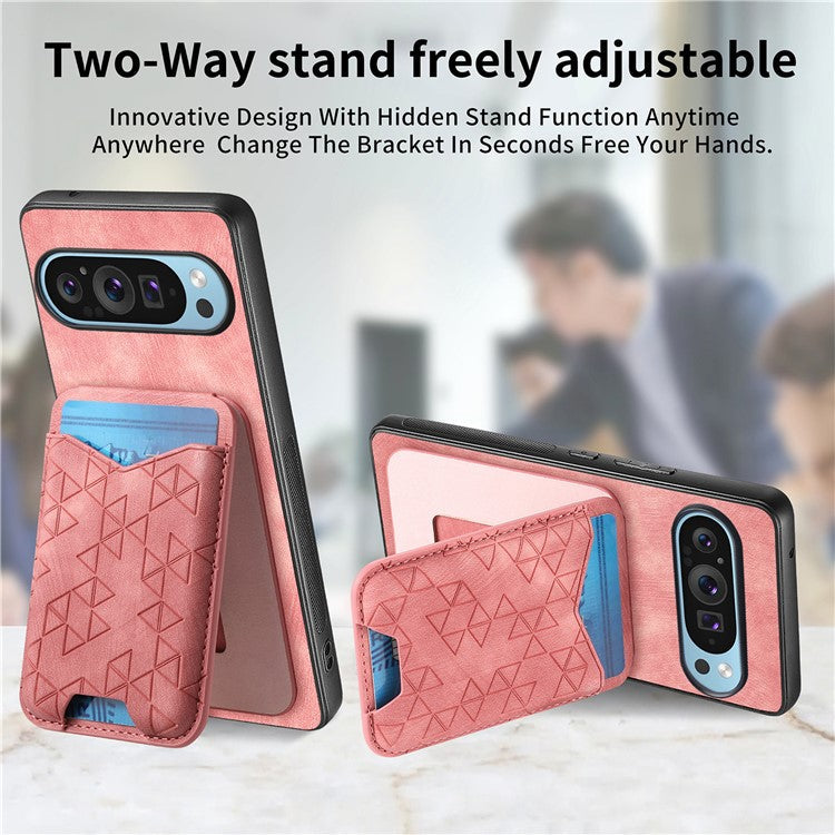 For Google Pixel 9 Pro XL Case Imprinted Pattern Card Holder Kickstand Leather Back Cover - Pink
