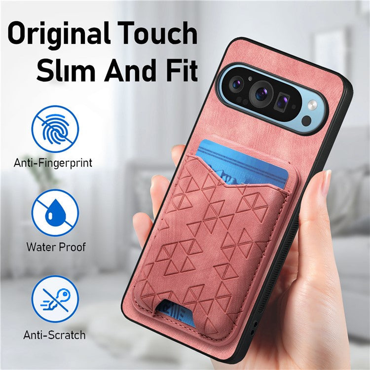 For Google Pixel 9 Pro XL Case Imprinted Pattern Card Holder Kickstand Leather Back Cover - Pink