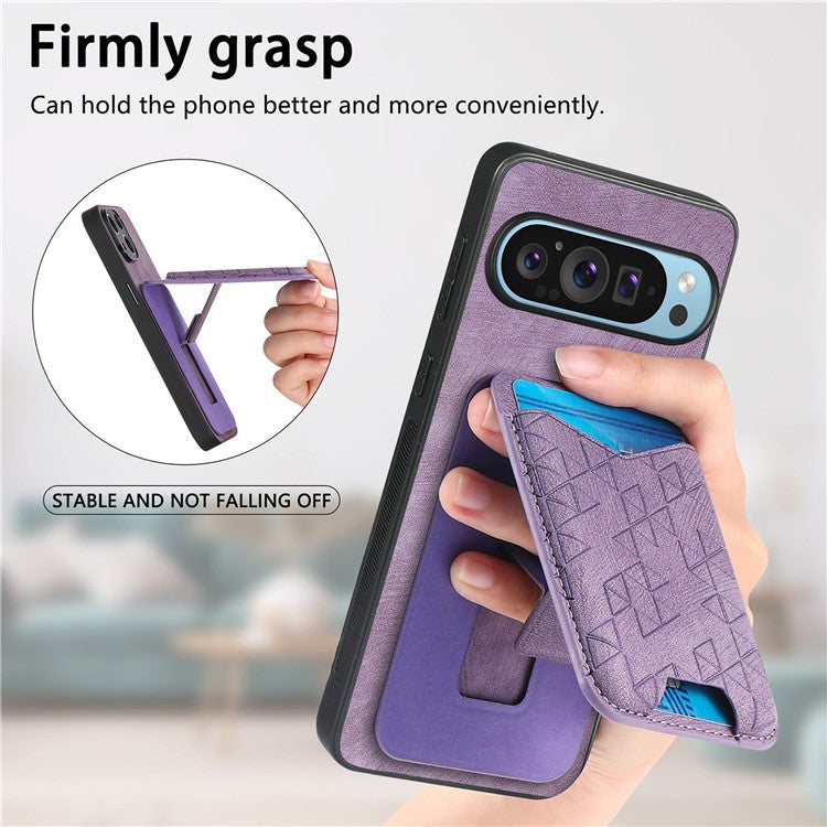 For Google Pixel 9 Pro XL Case Imprinted Pattern Card Holder Kickstand Leather Back Cover - Purple