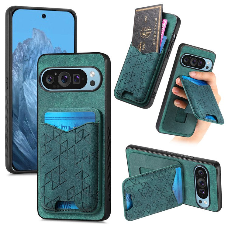 For Google Pixel 9 Pro XL Case Imprinted Pattern Card Holder Kickstand Leather Back Cover - Green