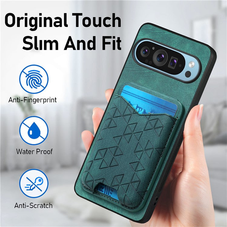 For Google Pixel 9 Pro XL Case Imprinted Pattern Card Holder Kickstand Leather Back Cover - Green