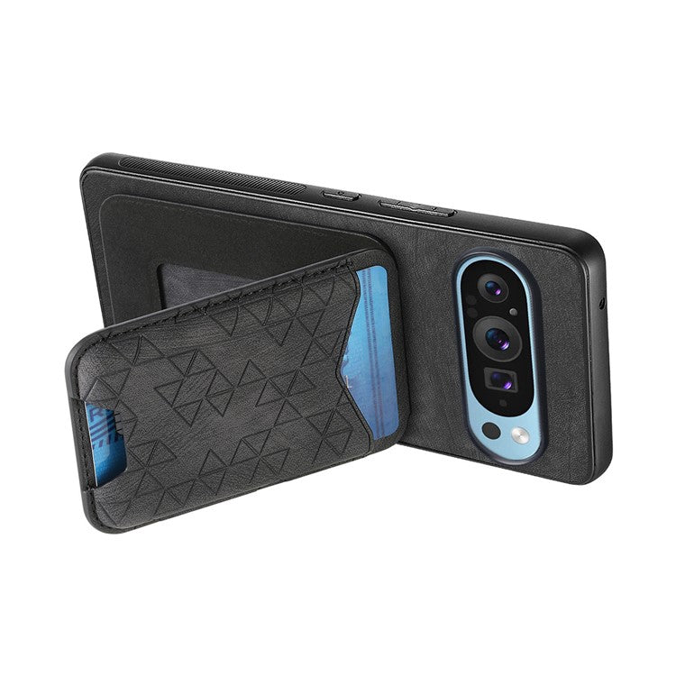 For Google Pixel 9 Pro XL Case Imprinted Pattern Card Holder Kickstand Leather Back Cover - Black