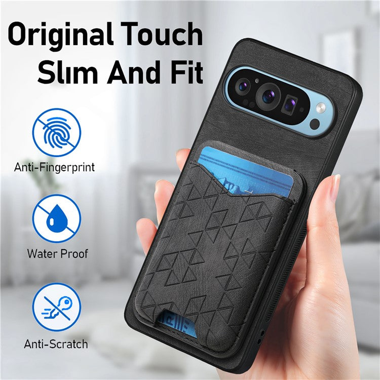 For Google Pixel 9 Pro XL Case Imprinted Pattern Card Holder Kickstand Leather Back Cover - Black