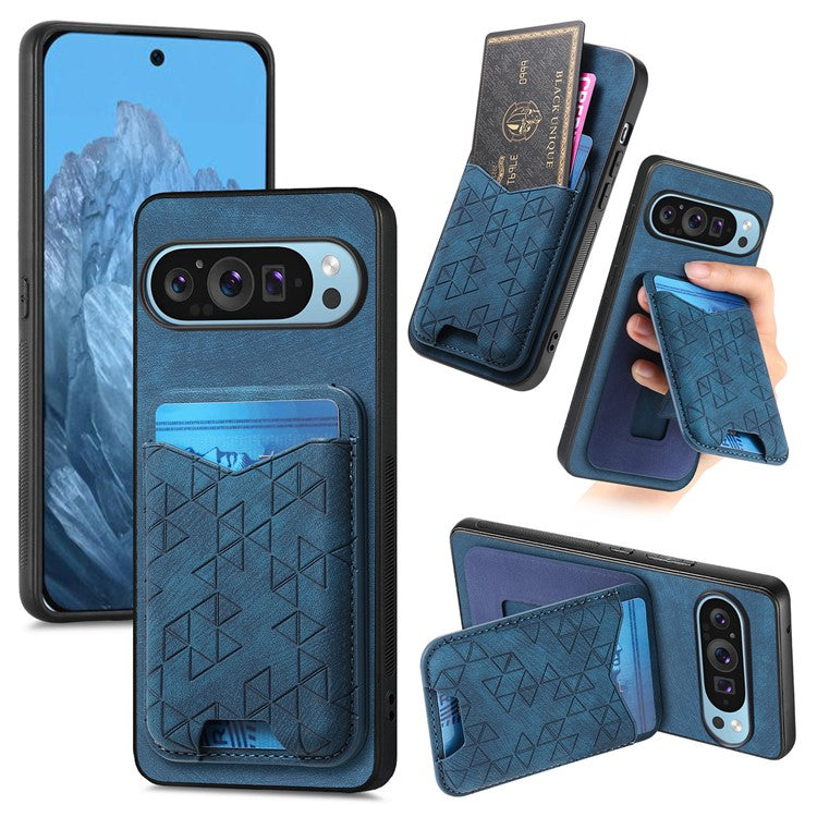 For Google Pixel 9 Pro XL Case Imprinted Pattern Card Holder Kickstand Leather Back Cover - Blue