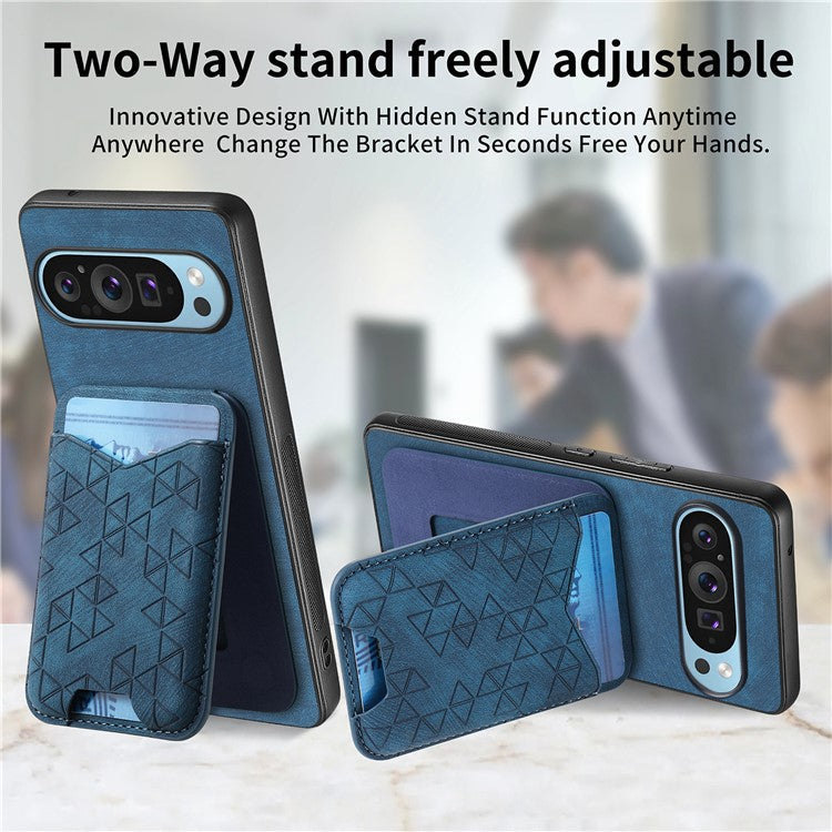 For Google Pixel 9 Pro XL Case Imprinted Pattern Card Holder Kickstand Leather Back Cover - Blue