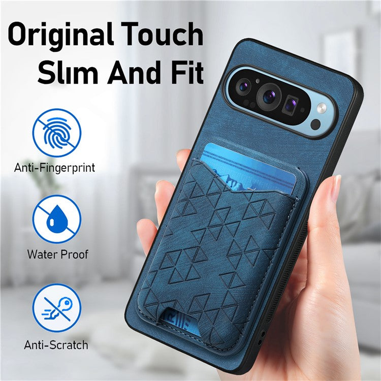 For Google Pixel 9 Pro XL Case Imprinted Pattern Card Holder Kickstand Leather Back Cover - Blue