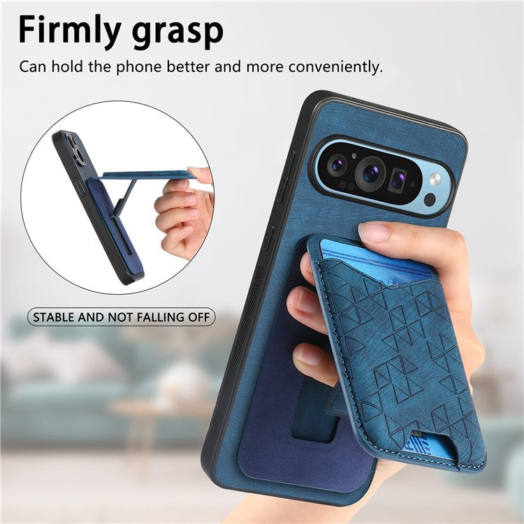 For Google Pixel 9 Pro XL Case Imprinted Pattern Card Holder Kickstand Leather Back Cover - Blue