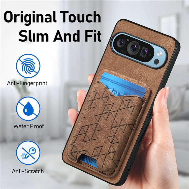 For Google Pixel 9 Pro XL Case Imprinted Pattern Card Holder Kickstand Leather Back Cover - Brown