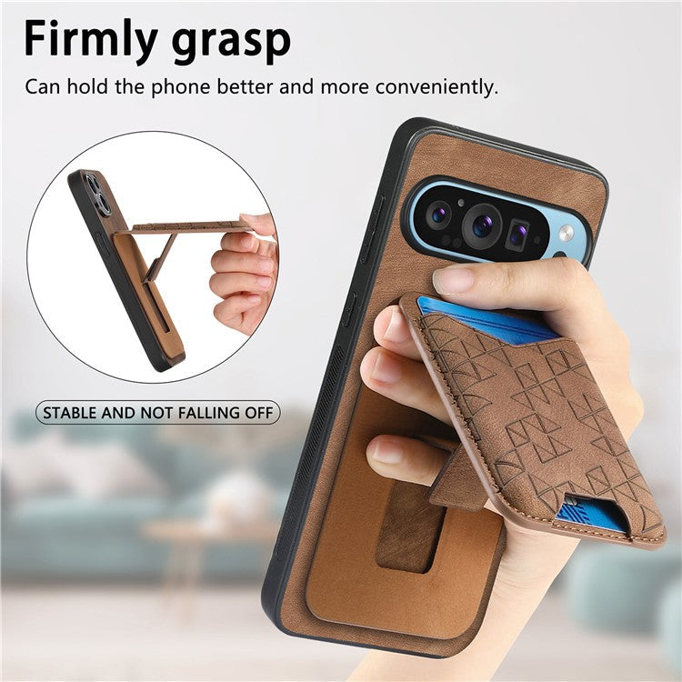 For Google Pixel 9 Pro XL Case Imprinted Pattern Card Holder Kickstand Leather Back Cover - Brown