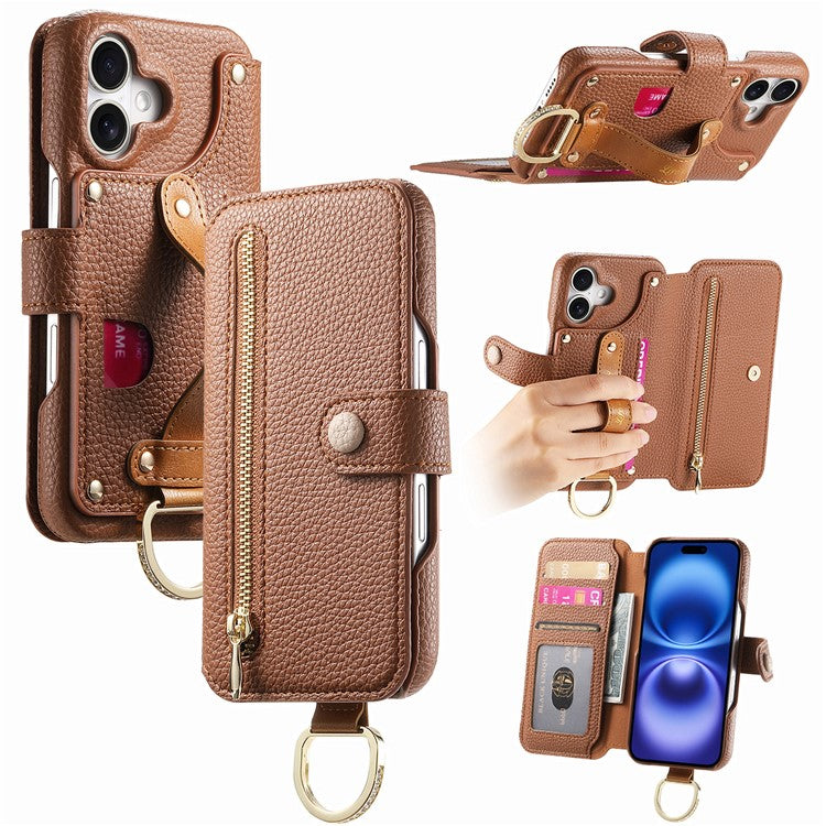 For iPhone 16 Plus Case RFID Blocking Zipper Wallet PU Leather Mobile Cover - Brown