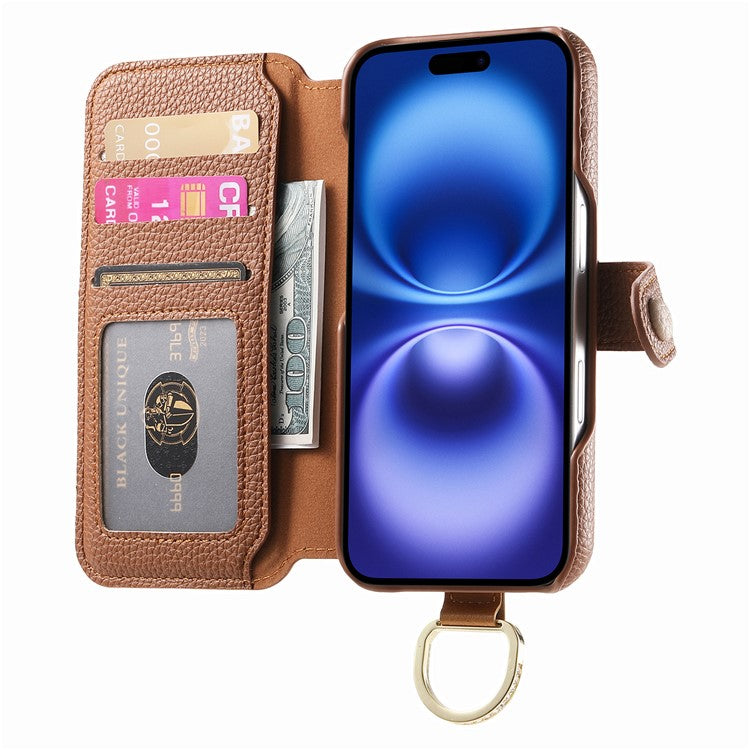 For iPhone 16 Plus Case RFID Blocking Zipper Wallet PU Leather Mobile Cover - Brown