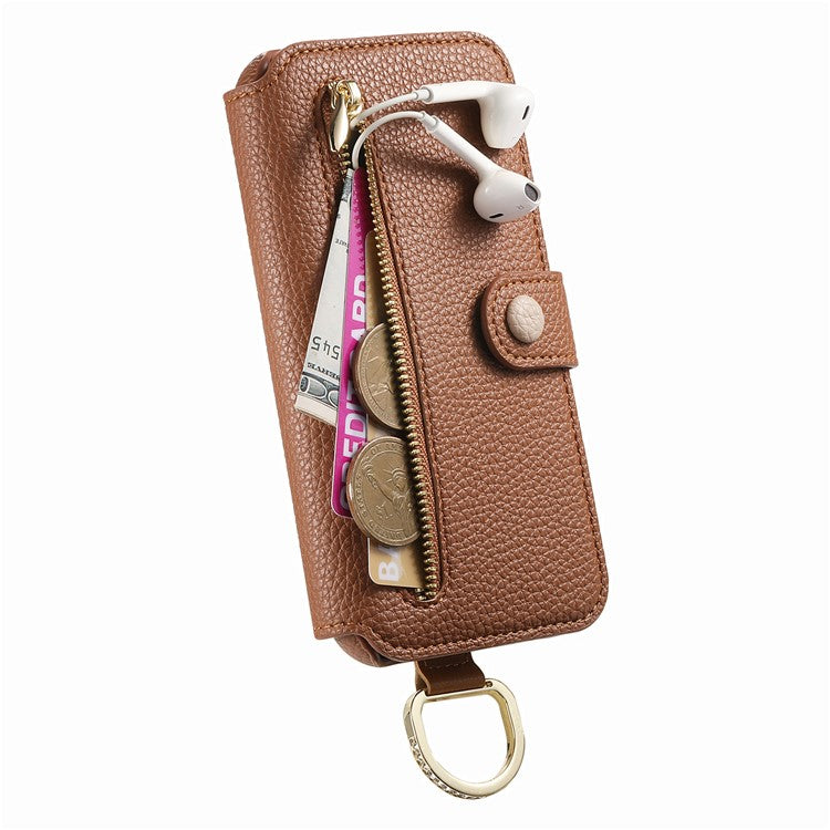 For iPhone 16 Plus Case RFID Blocking Zipper Wallet PU Leather Mobile Cover - Brown