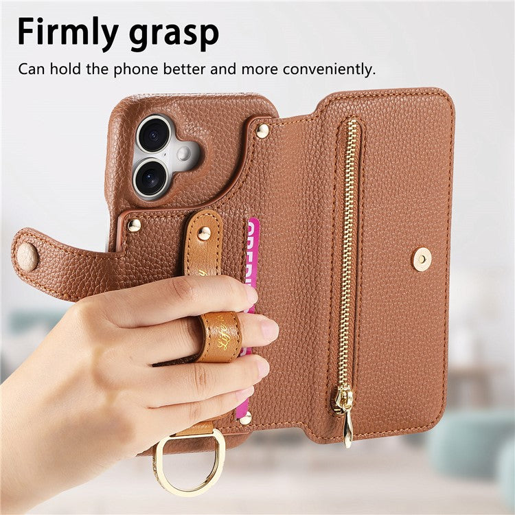 For iPhone 16 Plus Case RFID Blocking Zipper Wallet PU Leather Mobile Cover - Brown