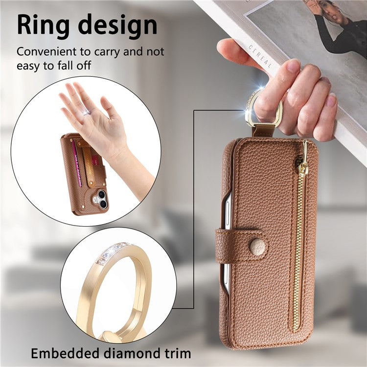 For iPhone 16 Plus Case RFID Blocking Zipper Wallet PU Leather Mobile Cover - Brown
