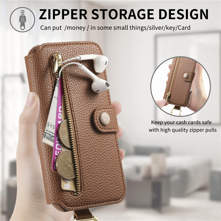 For iPhone 16 Plus Case RFID Blocking Zipper Wallet PU Leather Mobile Cover - Brown