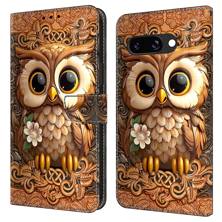 For Google Pixel 9a Case Pattern Printed Protective Cover TPU+PU Leather Flip Phone Case - Red Owl