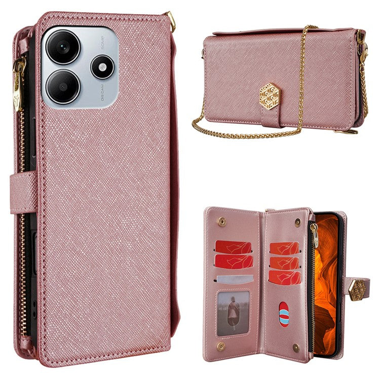 For Xiaomi Redmi Note 14 5G Case Cross Texture PU Leather+TPU Wallet Phone Cover with Strap - Rose Gold