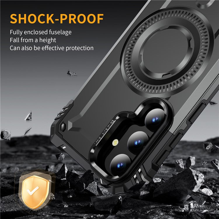 For Samsung Galaxy S25 / S24 Case Compatible with MagSafe Metal Lens Frame Kickstand PC+TPU Mobile Cover - Grey