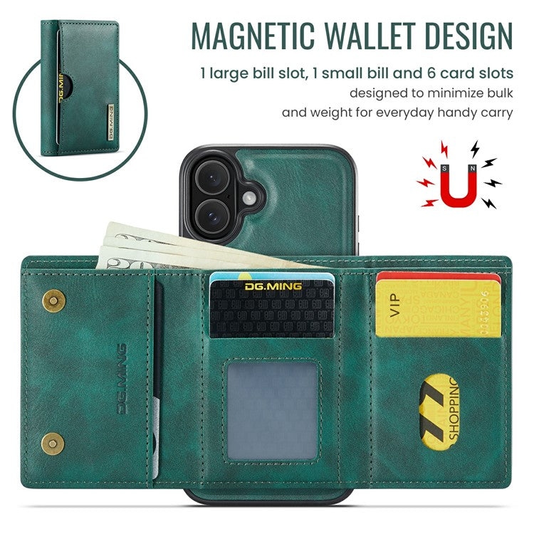 DG.MING M6 Series For iPhone 16 Plus Case Magnetic Wallet PU+PC+TPU Phone Cover - Green