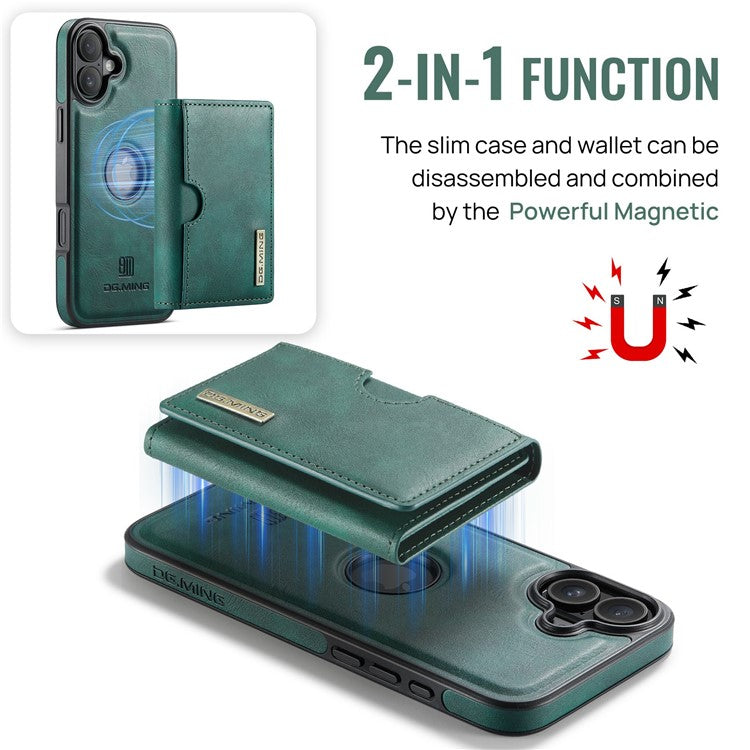 DG.MING M6 Series For iPhone 16 Plus Case Magnetic Wallet PU+PC+TPU Phone Cover - Green