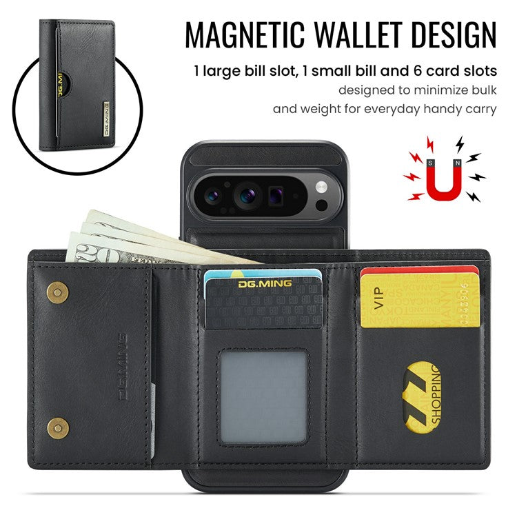 DG.MING M6 Series For Google Pixel 9 / Pixel 9 Pro Case Magnetic Wallet PU+PC+TPU Phone Cover - Black
