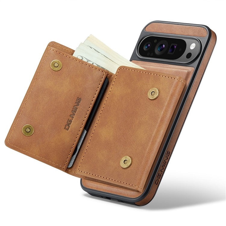 DG.MING M6 Series For Google Pixel 9 / Pixel 9 Pro Case Magnetic Wallet PU+PC+TPU Phone Cover - Brown