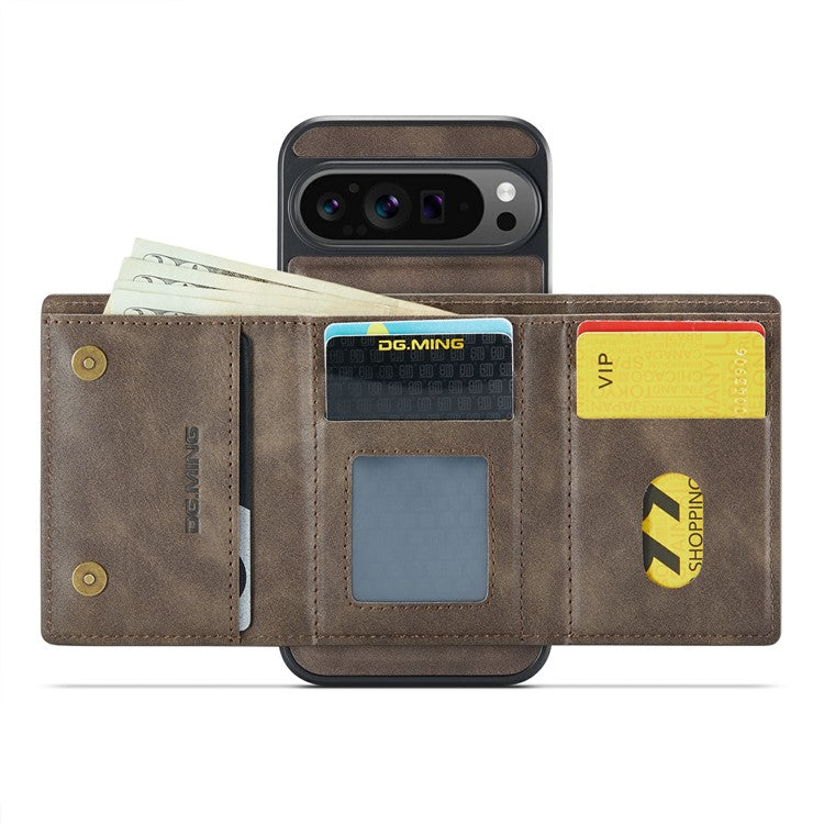 DG.MING M6 Series For Google Pixel 9 / Pixel 9 Pro Case Magnetic Wallet PU+PC+TPU Phone Cover - Coffee
