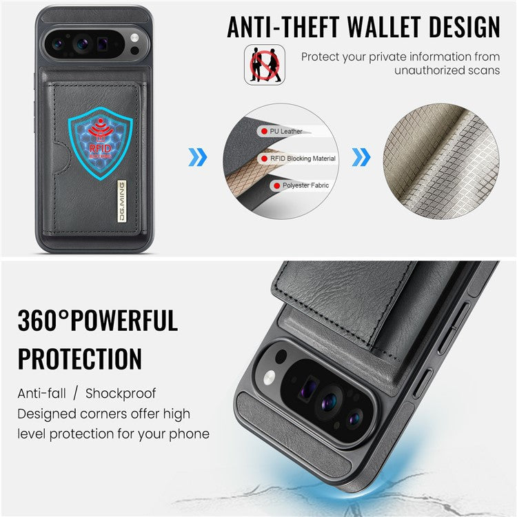 DG.MING M6 Series For Google Pixel 9 Pro XL Case Magnetic Wallet PU+PC+TPU Phone Cover - Black