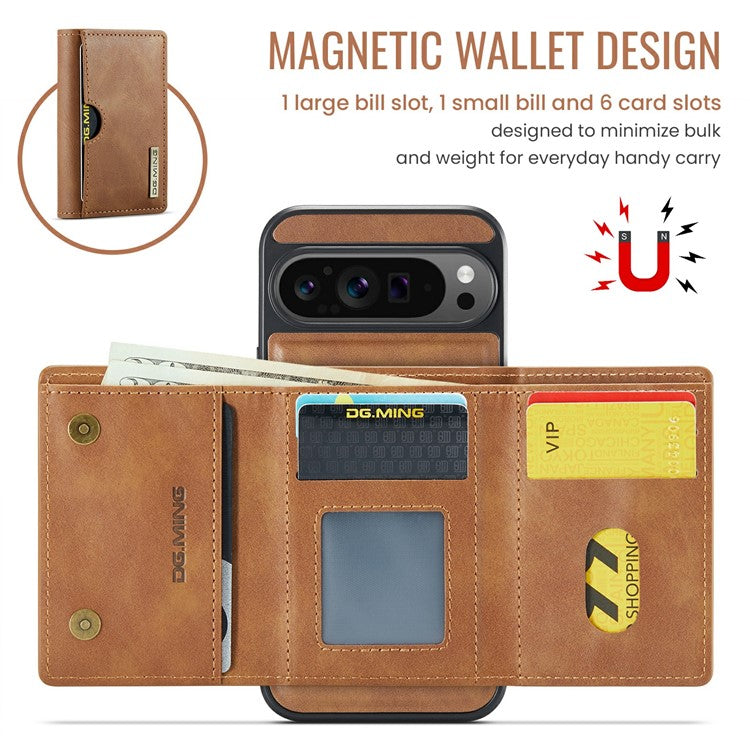 DG.MING M6 Series For Google Pixel 9 Pro XL Case Magnetic Wallet PU+PC+TPU Phone Cover - Brown