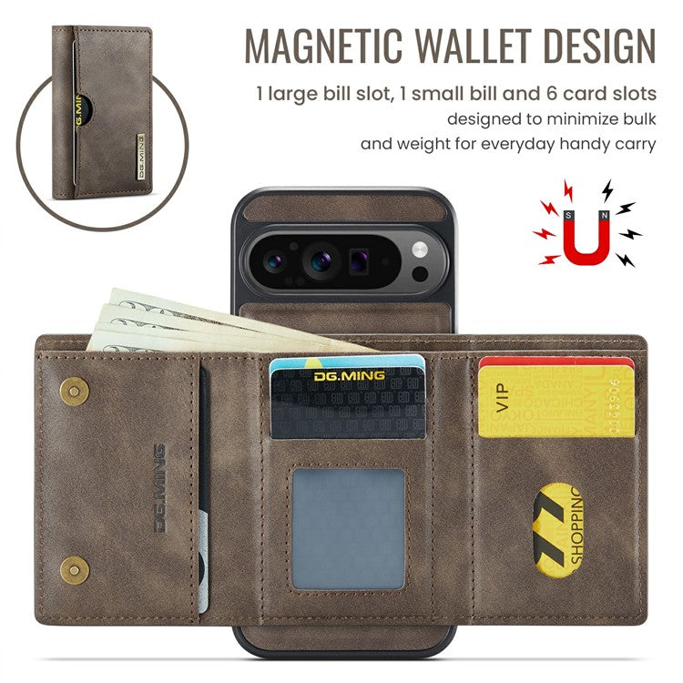 DG.MING M6 Series For Google Pixel 9 Pro XL Case Magnetic Wallet PU+PC+TPU Phone Cover - Coffee