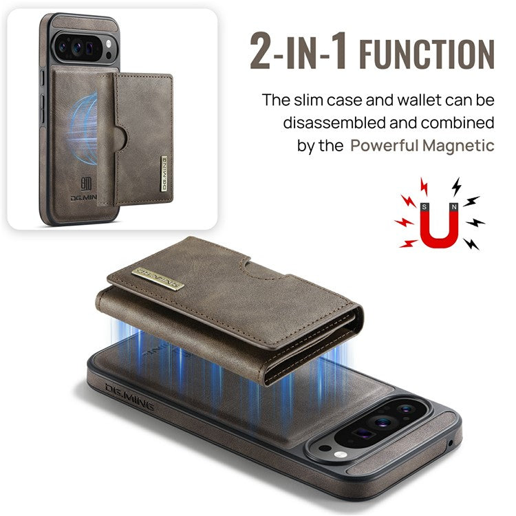 DG.MING M6 Series For Google Pixel 9 Pro XL Case Magnetic Wallet PU+PC+TPU Phone Cover - Coffee