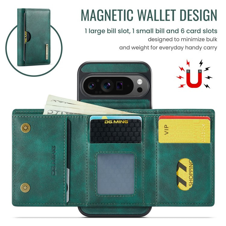 DG.MING M6 Series For Google Pixel 9 Pro XL Case Magnetic Wallet PU+PC+TPU Phone Cover - Green