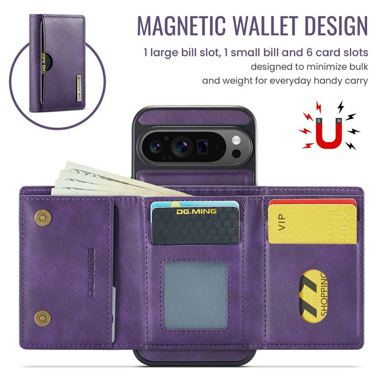 DG.MING M6 Series For Google Pixel 9 Pro XL Case Magnetic Wallet PU+PC+TPU Phone Cover - Purple