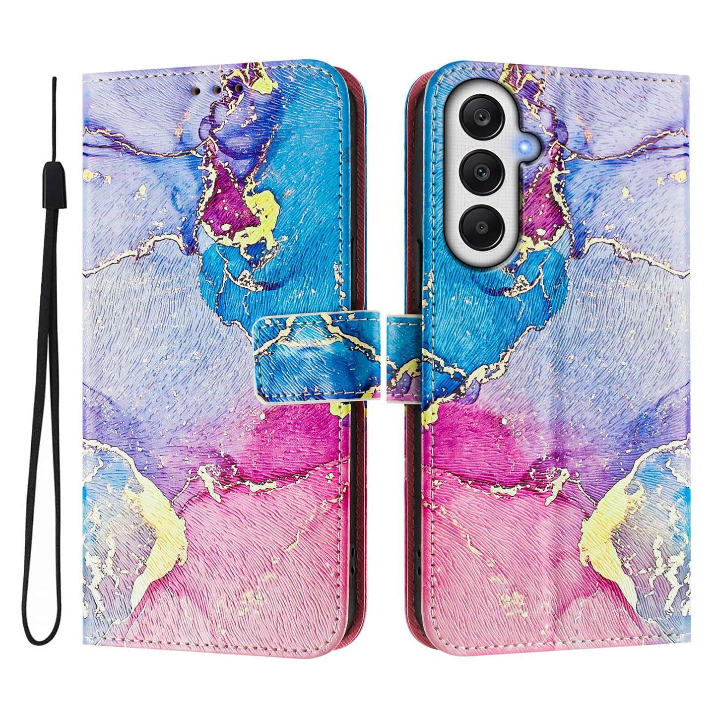 For Samsung Galaxy A15 5G / Galaxy A15 4G Case Pattern Printing Wallet Phone Cover with Strap - Multicolor Marble
