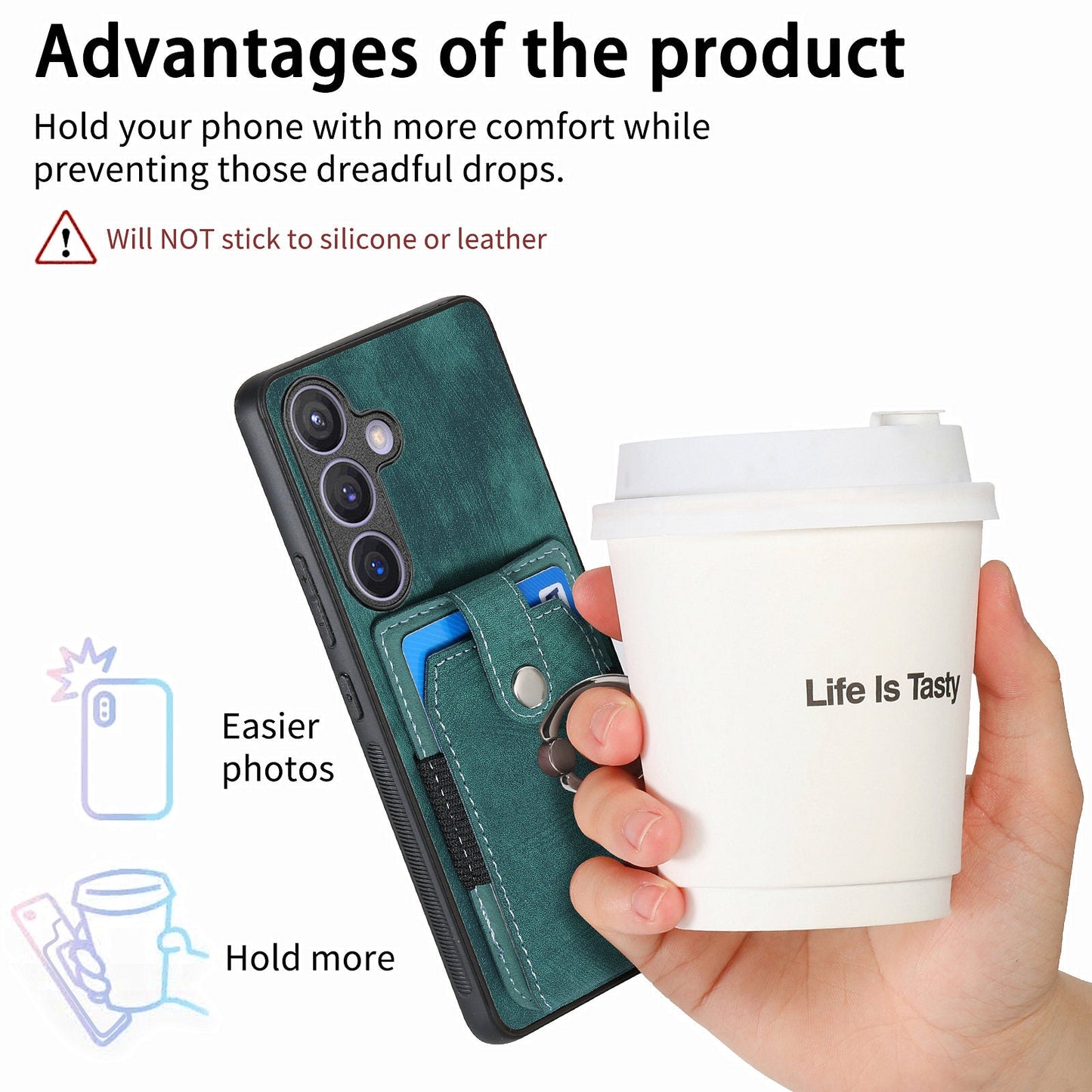 For Samsung Galaxy S25 Phone Case Leather Back Cover with Card Slots Kickstand - Green