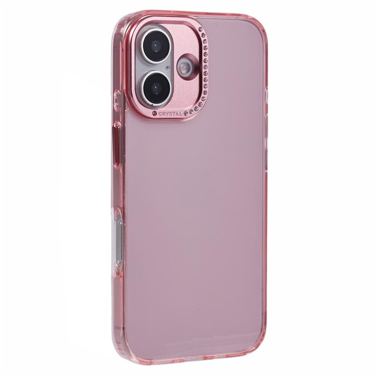 For iPhone 16 Plus Case TPU+PC Phone Back Cover Lens Frame Rhinestone Decorated - Transparent Pink
