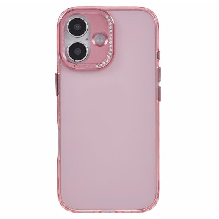 For iPhone 16 Plus Case TPU+PC Phone Back Cover Lens Frame Rhinestone Decorated - Transparent Pink