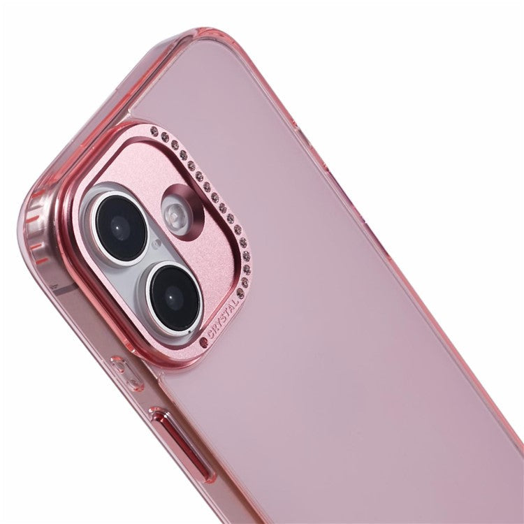 For iPhone 16 Plus Case TPU+PC Phone Back Cover Lens Frame Rhinestone Decorated - Transparent Pink