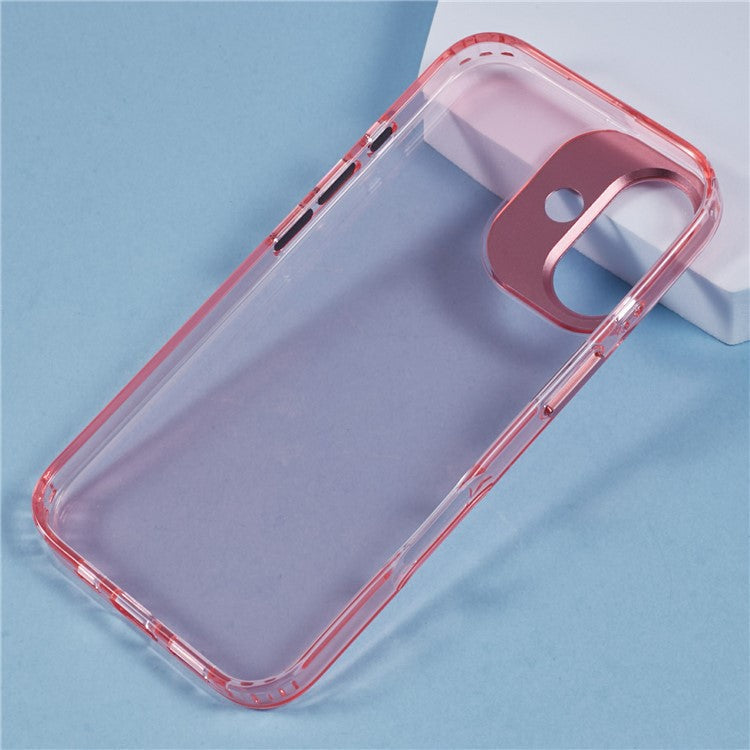 For iPhone 16 Plus Case TPU+PC Phone Back Cover Lens Frame Rhinestone Decorated - Transparent Pink