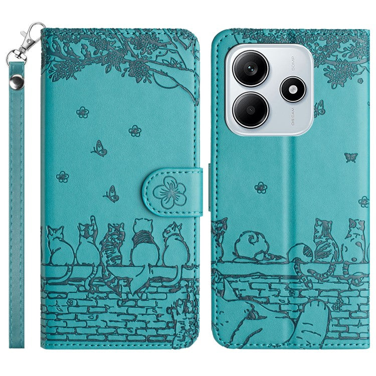 For Xiaomi Redmi Note 14 5G Case with Wrist Strap Leather Phone Cover Wall Cats Pattern - Blue