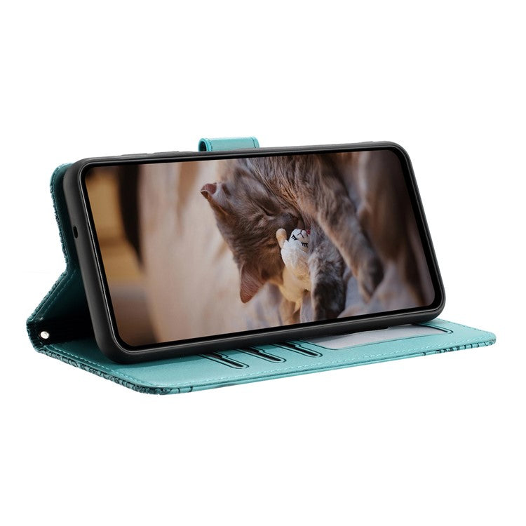 For Xiaomi Redmi Note 14 5G Case with Wrist Strap Leather Phone Cover Wall Cats Pattern - Blue