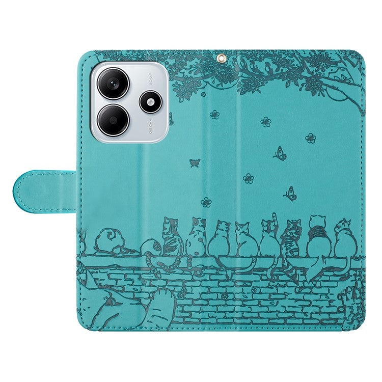 For Xiaomi Redmi Note 14 5G Case with Wrist Strap Leather Phone Cover Wall Cats Pattern - Blue