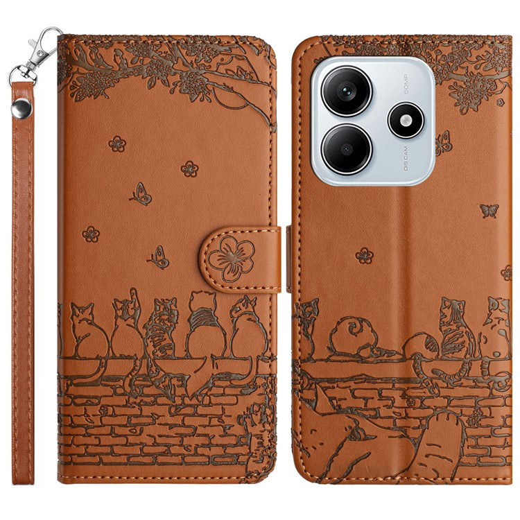For Xiaomi Redmi Note 14 5G Case with Wrist Strap Leather Phone Cover Wall Cats Pattern - Brown